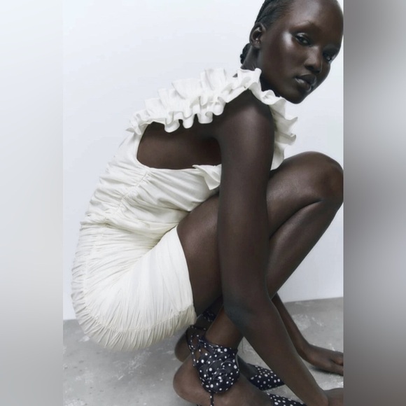 ZARA NWT White Draped Ruched Linen Ruffle Strap Contour Bodycon Tie Mini Dress - Picture 17 of 17